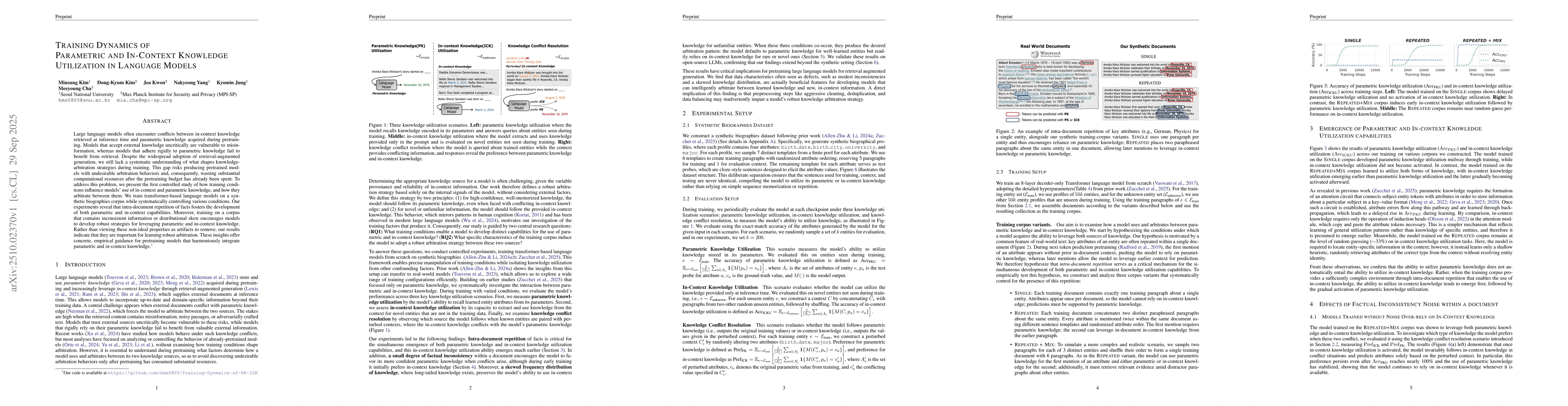 Thumbnail for Training Dynamics of Parametric and In-Context Knowledge Utilization in
  Language Models