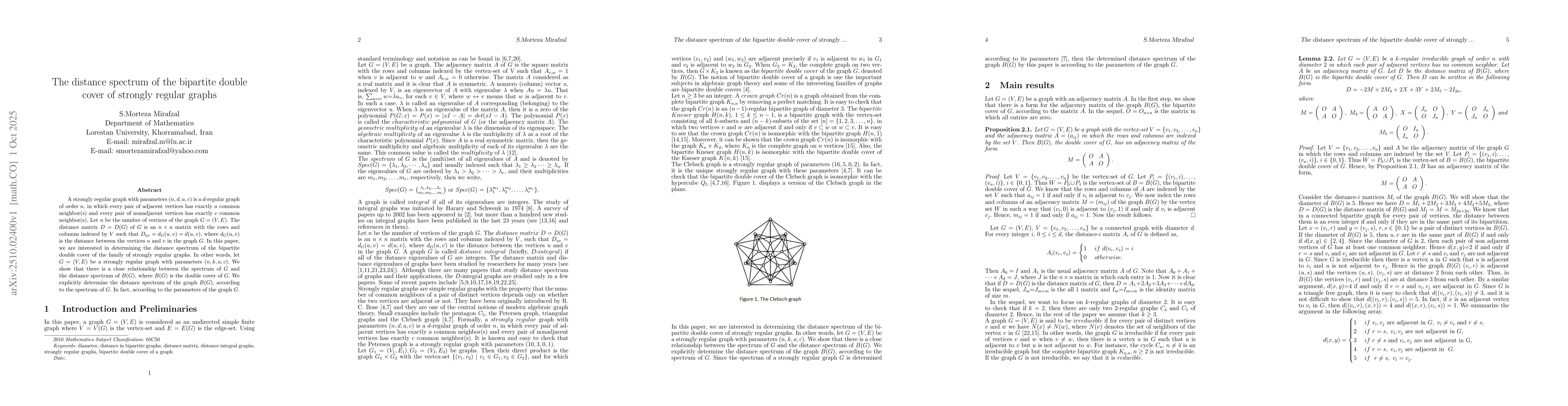Thumbnail for The distance spectrum of the bipartite double cover of strongly regular
  graphs