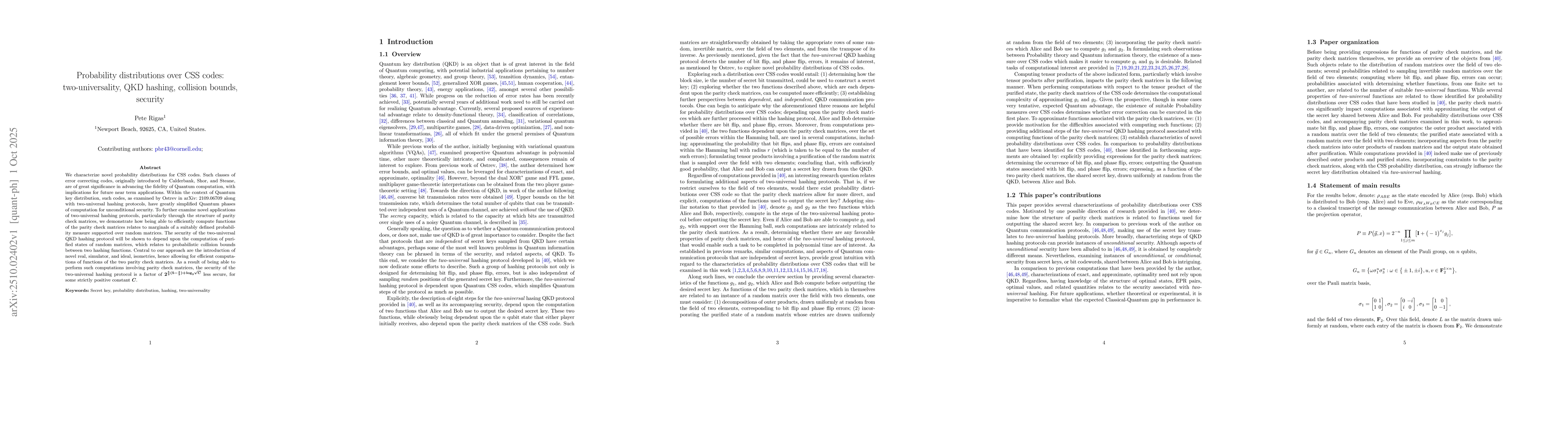 Thumbnail for Probability distributions over CSS codes: two-universality, QKD hashing,
  collision bounds, security
