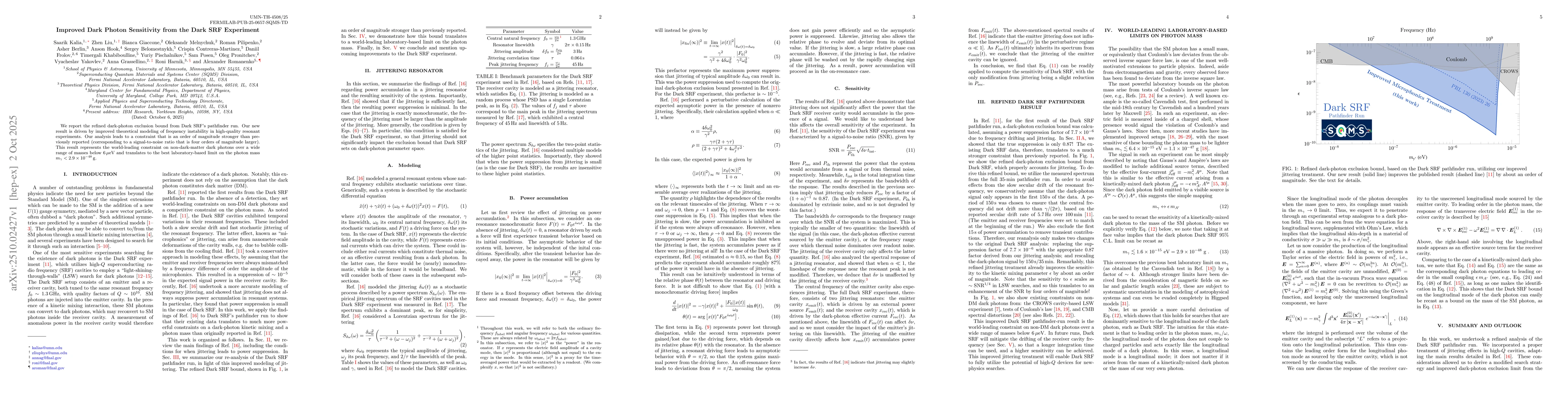 Thumbnail for Improved Dark Photon Sensitivity from the Dark SRF Experiment
