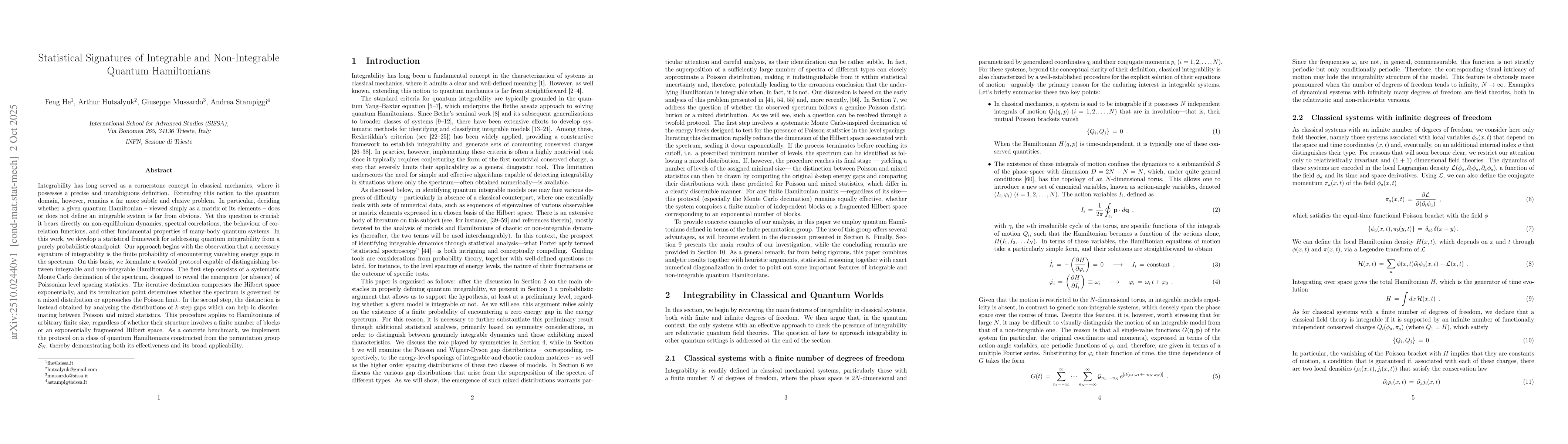 Thumbnail for Statistical Signatures of Integrable and Non-Integrable Quantum
  Hamiltonians