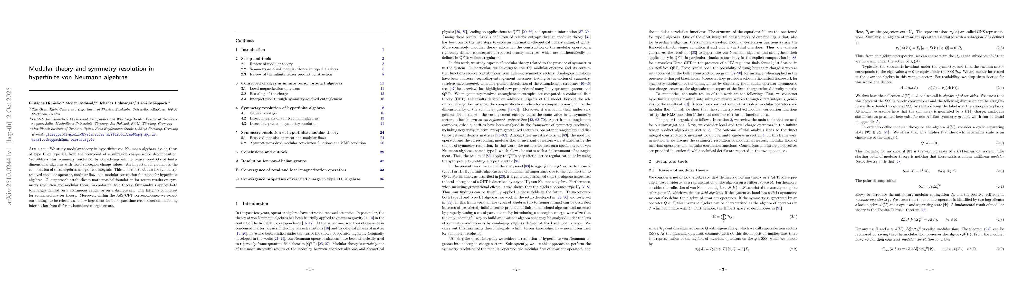 Thumbnail for Modular theory and symmetry resolution in hyperfinite von Neumann
  algebras