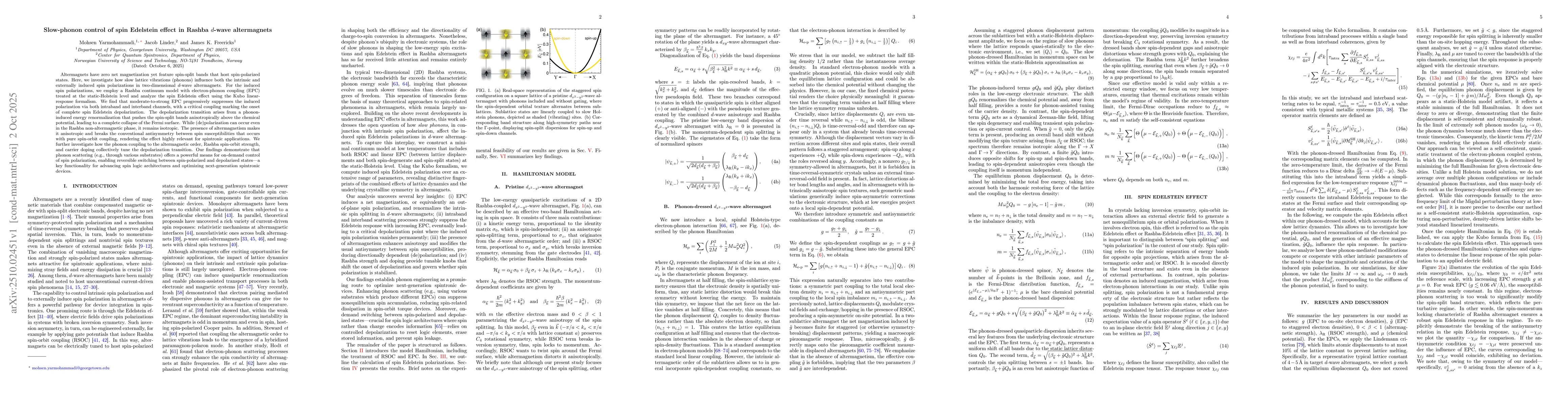 Thumbnail for Slow-phonon control of spin Edelstein effect in Rashba $d$-wave
  altermagnets