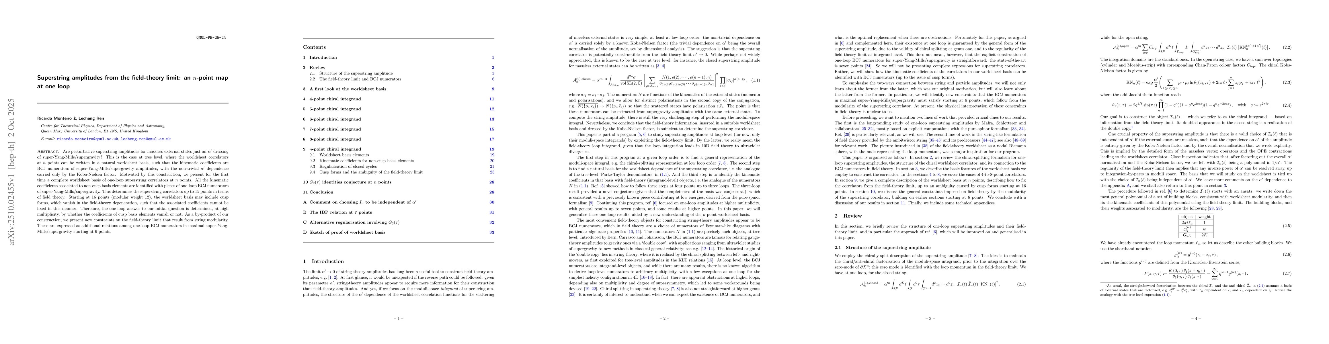 Thumbnail for Superstring amplitudes from the field-theory limit: an n-point map at
  one loop