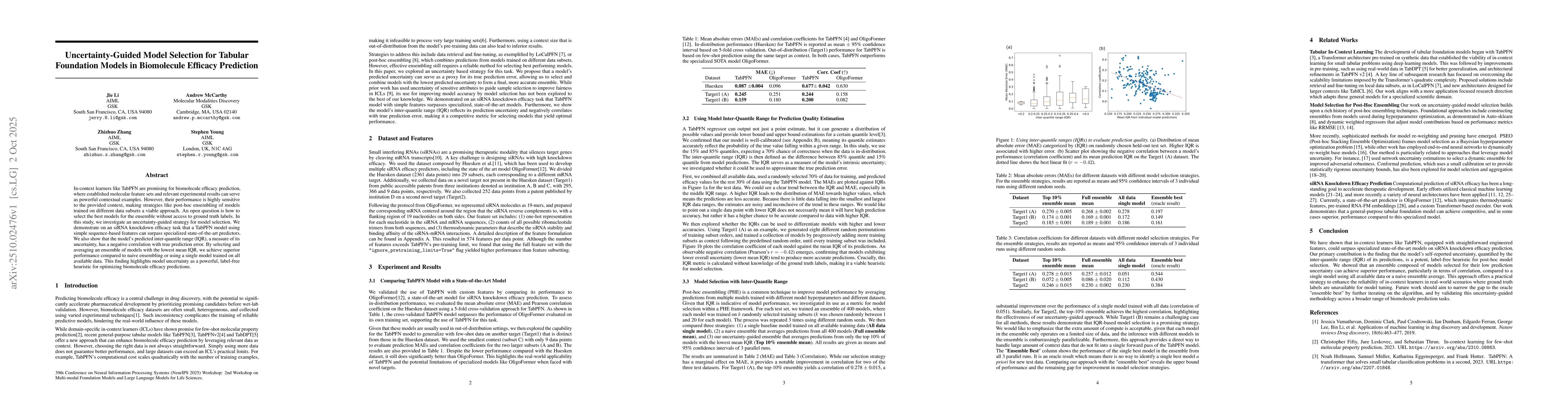 Thumbnail for Uncertainty-Guided Model Selection for Tabular Foundation Models in
  Biomolecule Efficacy Prediction