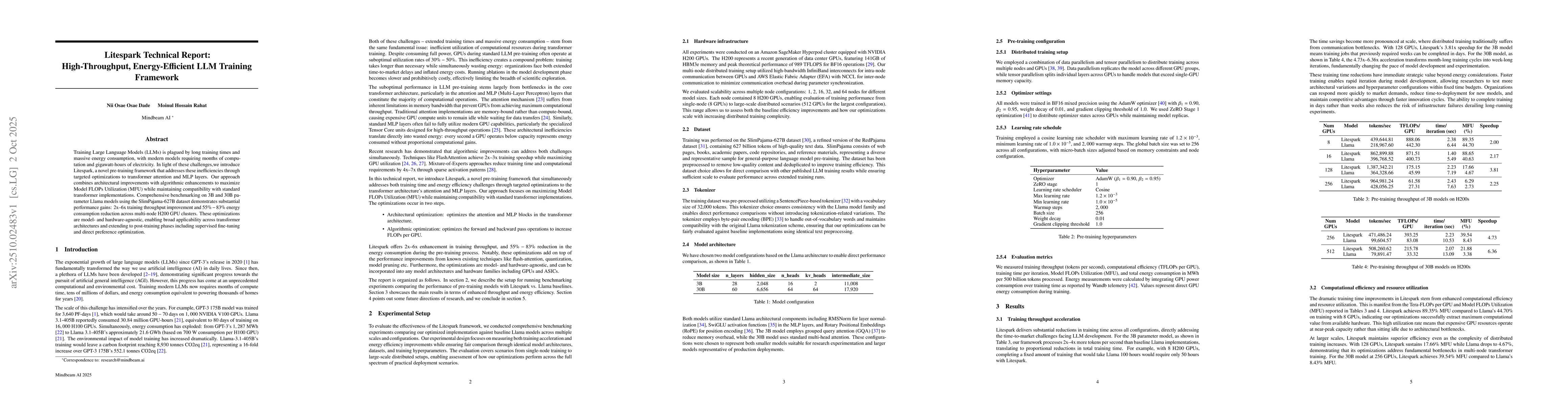 Thumbnail for Litespark Technical Report: High-Throughput, Energy-Efficient LLM
  Training Framework