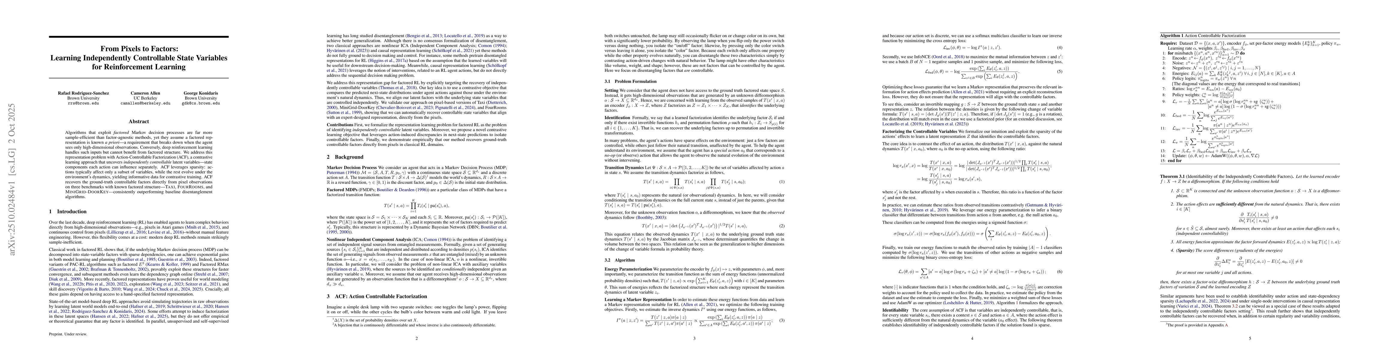 Thumbnail for From Pixels to Factors: Learning Independently Controllable State
  Variables for Reinforcement Learning
