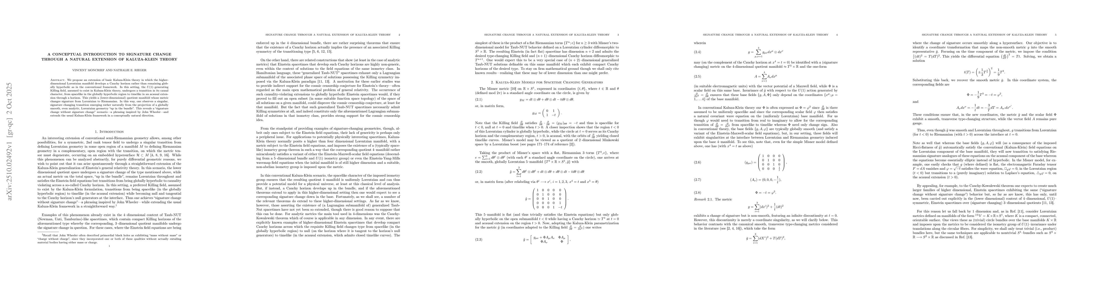 Thumbnail for A Conceptual Introduction To Signature Change Through a Natural
  Extension of Kaluza-Klein Theory