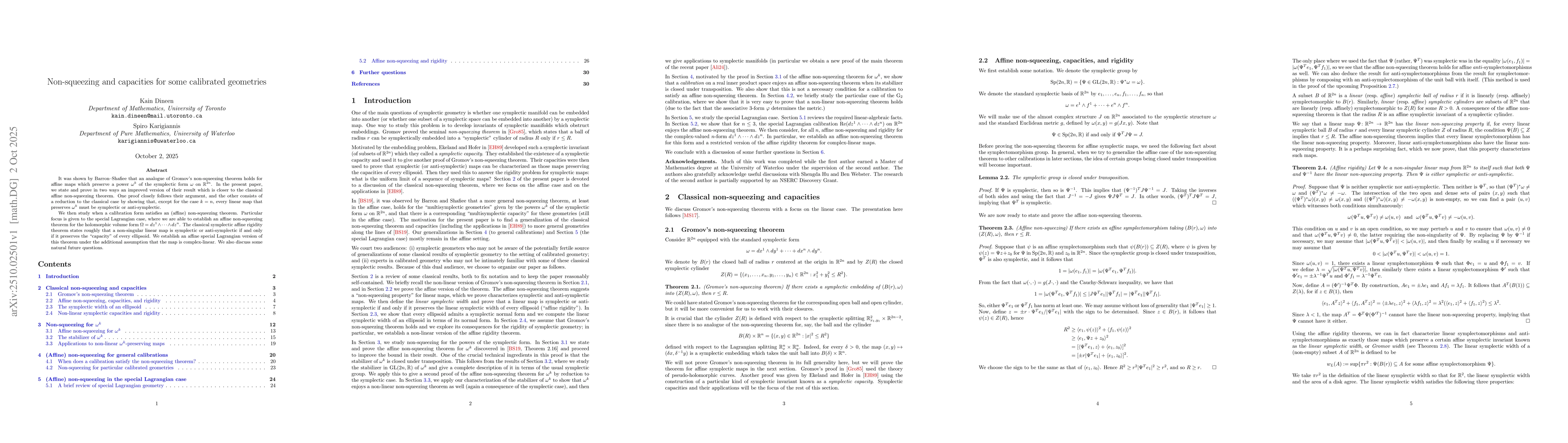 Thumbnail for Non-squeezing and capacities for some calibrated geometries