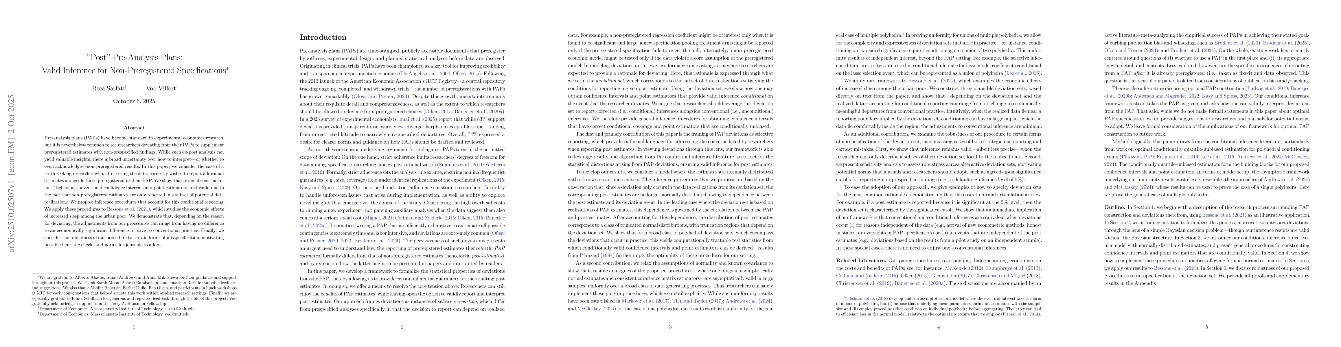 Thumbnail for "Post" Pre-Analysis Plans: Valid Inference for Non-Preregistered
  Specifications