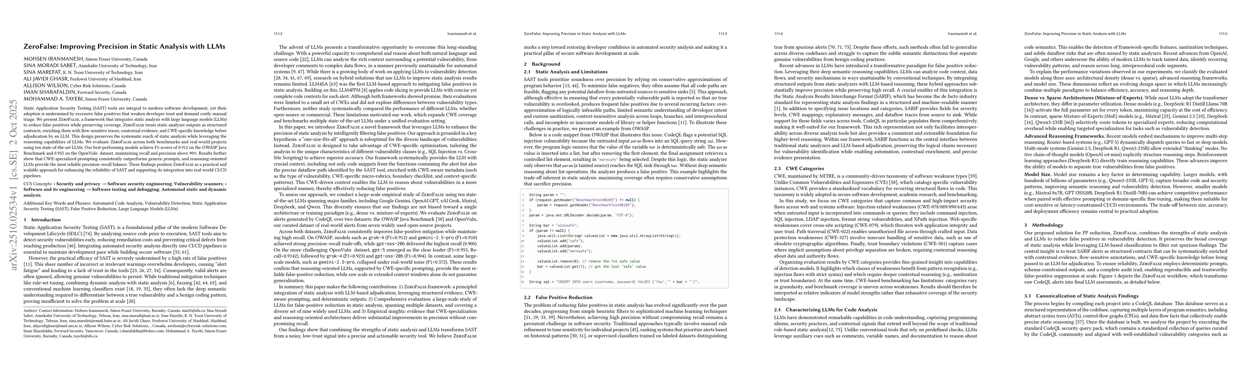 Thumbnail for ZeroFalse: Improving Precision in Static Analysis with LLMs