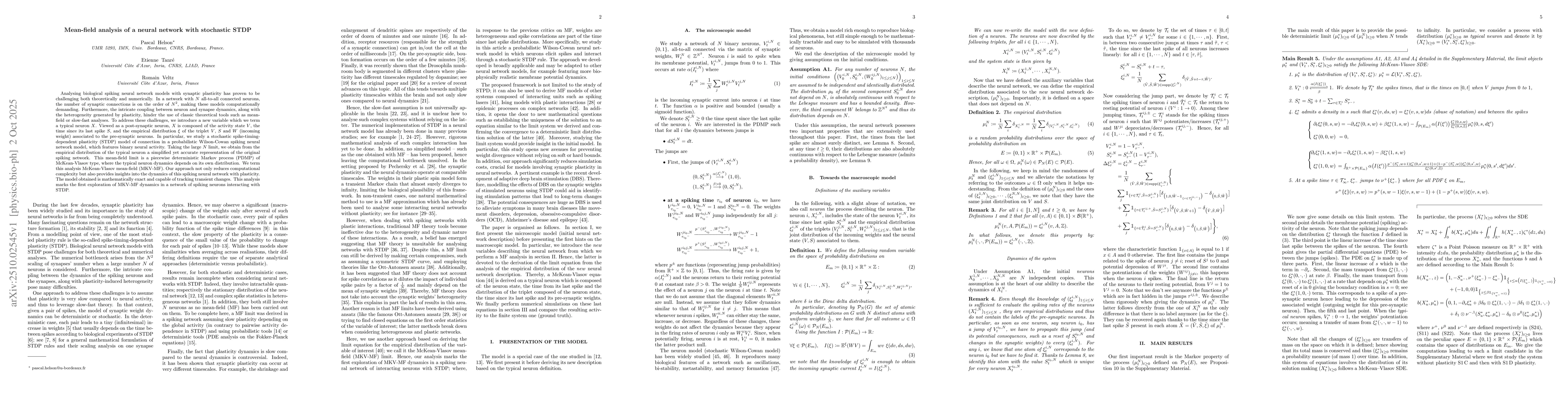 Thumbnail for Mean-field analysis of a neural network with stochastic STDP