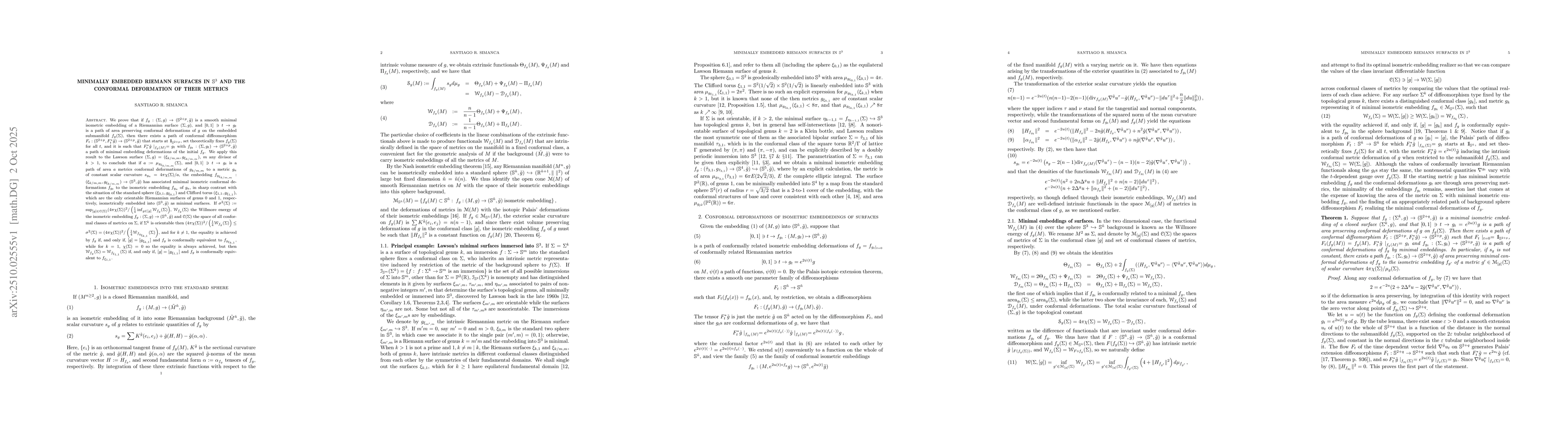 Thumbnail for Minimally embedded Riemann surfaces in $\mb{S}^3$ and the conformal
  deformation of their metrics