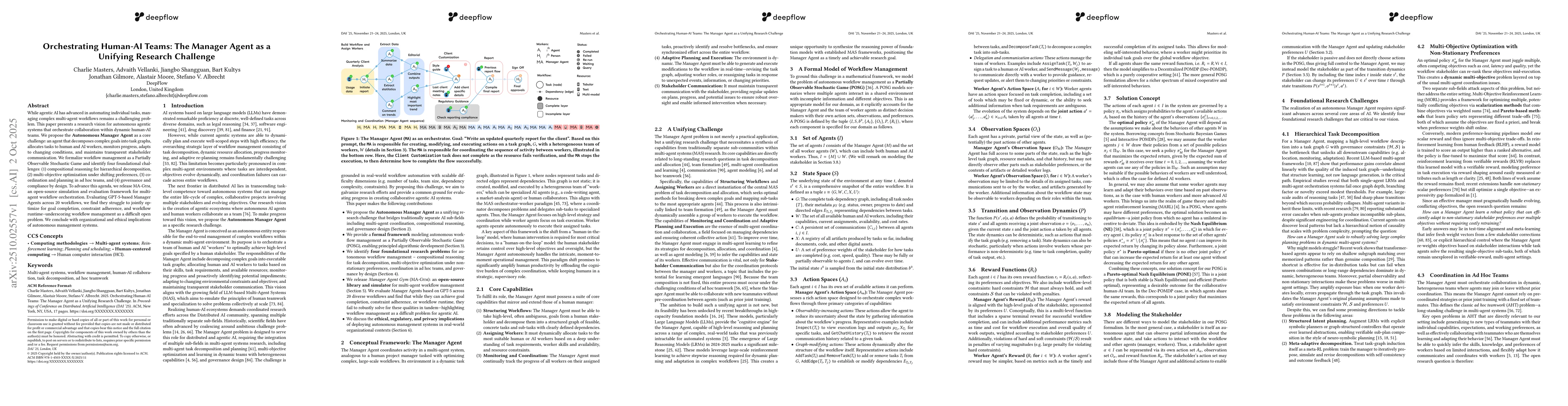 Thumbnail for Orchestrating Human-AI Teams: The Manager Agent as a Unifying Research
  Challenge