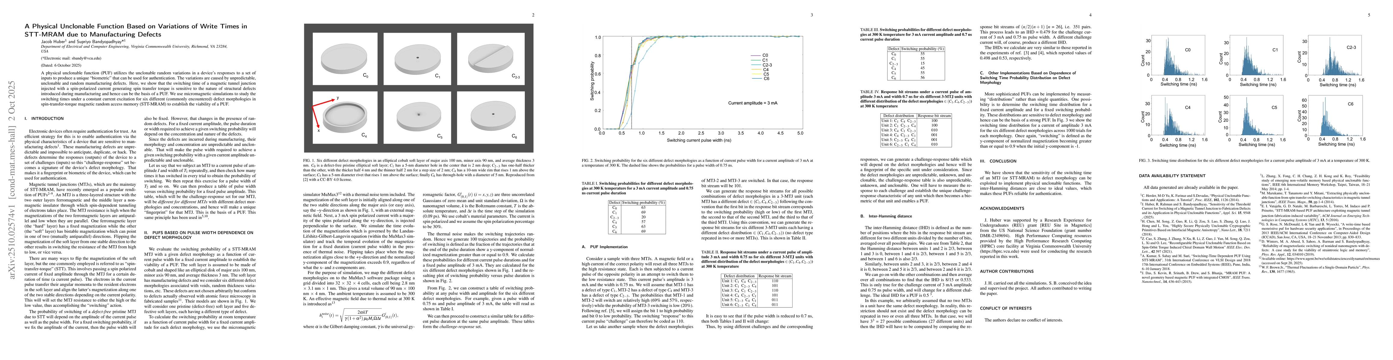 Thumbnail for A Physical Unclonable Function Based on Variations of Write Times in
  STT-MRAM due to Manufacturing Defects