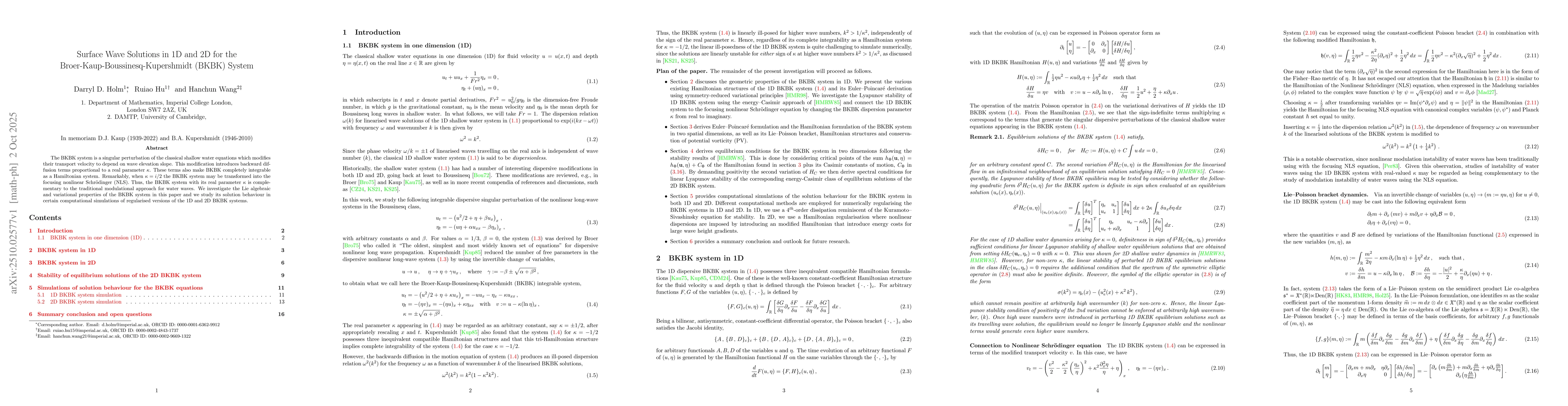 Thumbnail for Surface Wave Solutions in 1D and 2D for the
  Broer-Kaup-Boussinesq-Kupershmidt (BKBK) System