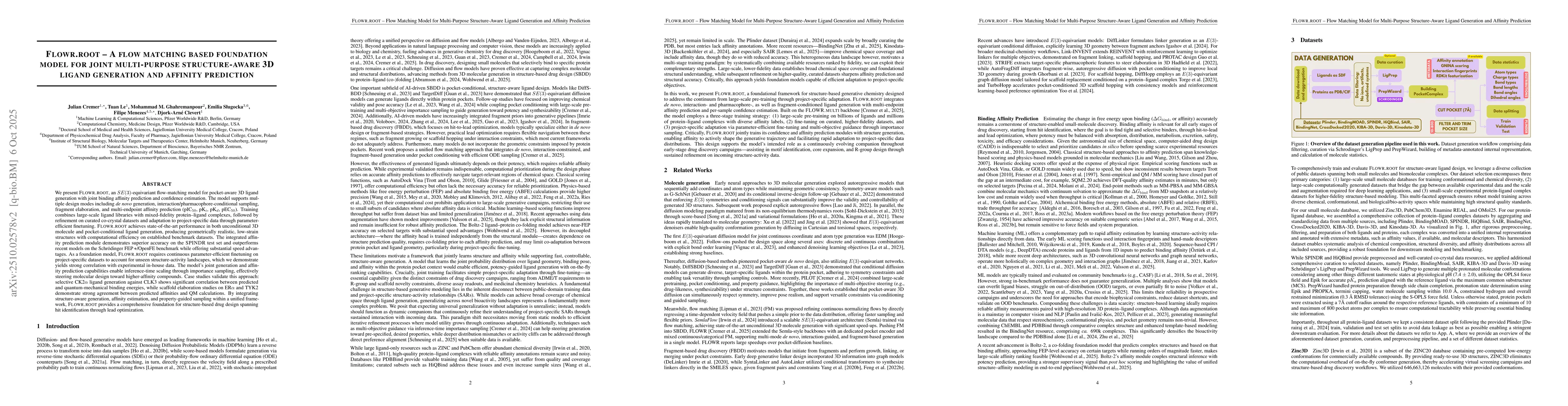 Thumbnail for FLOWR.root: A flow matching based foundation model for joint
  multi-purpose structure-aware 3D ligand generation and affinity prediction