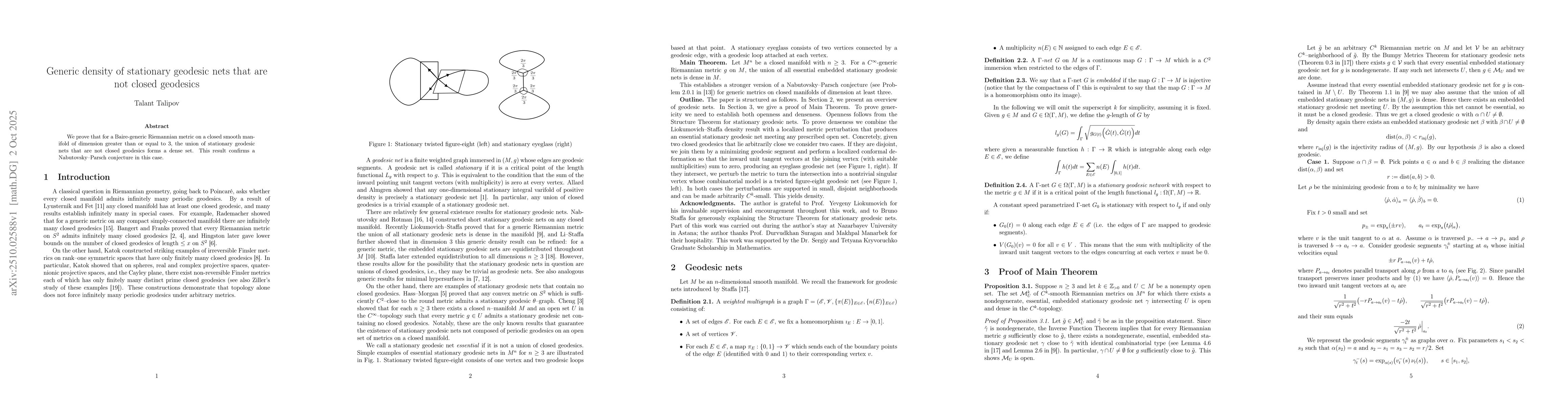 Thumbnail for Generic density of stationary geodesic nets that are not closed
  geodesics