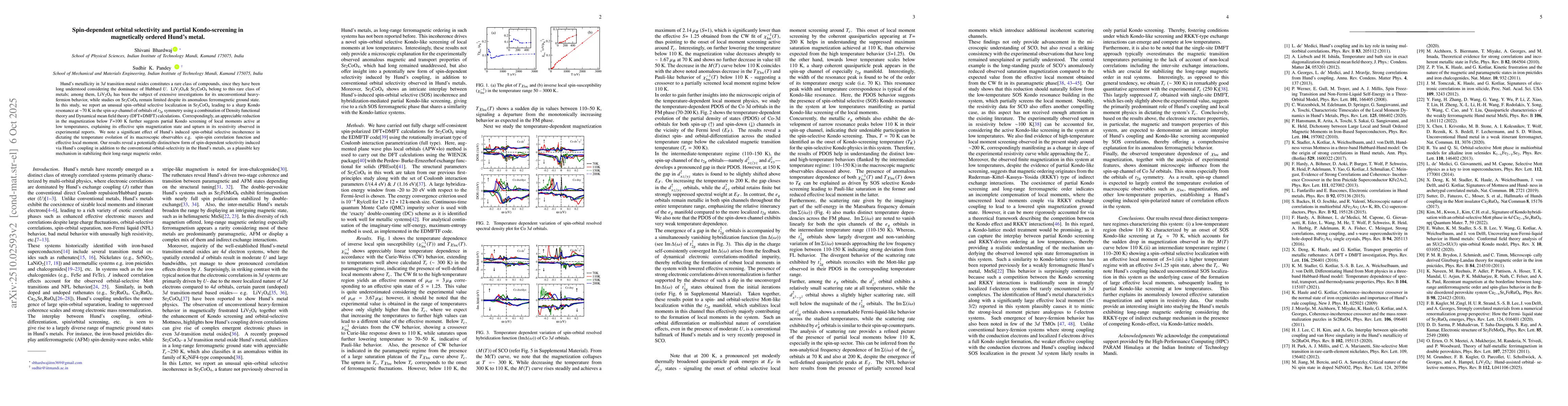 Thumbnail for Spin-dependent orbital selectivity and partial Kondo-screening in
  magnetically ordered Hund's metal