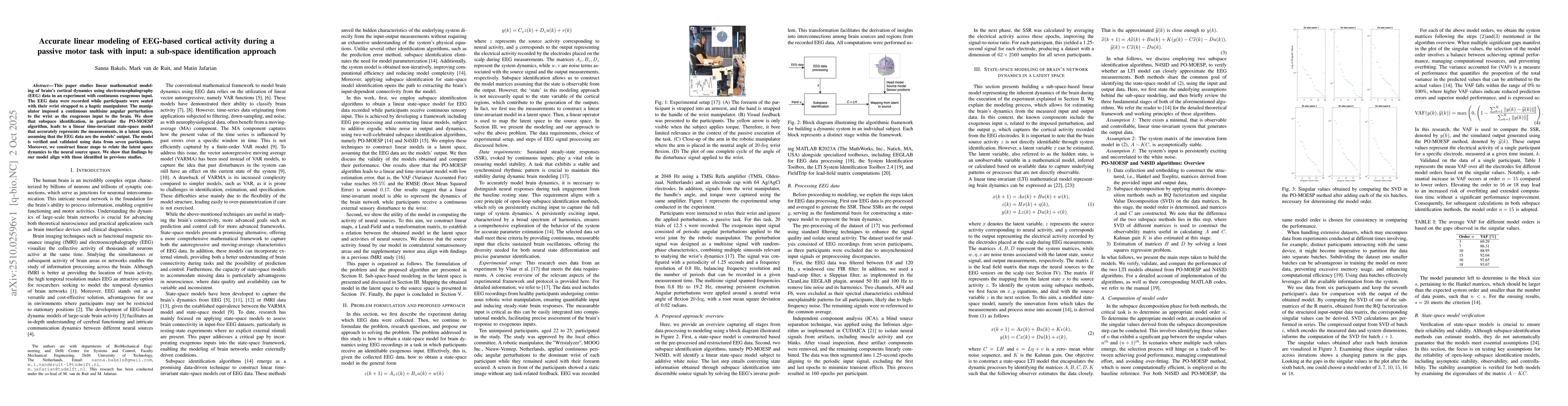 Thumbnail for Accurate linear modeling of EEG-based cortical activity during a passive
  motor task with input: a sub-space identification approach