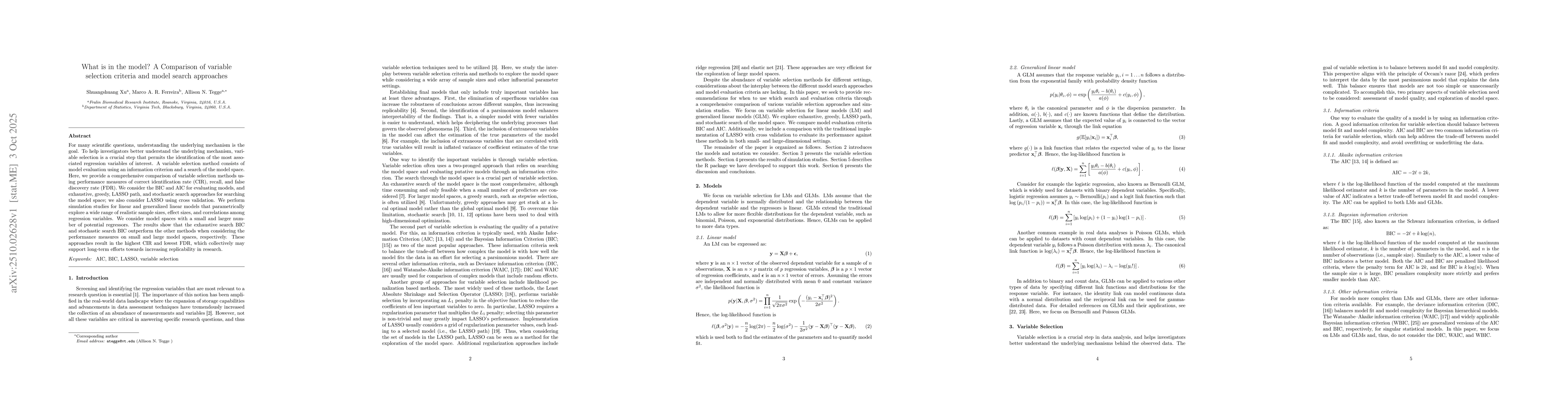 Thumbnail for What is in the model? A Comparison of variable selection criteria and
  model search approaches