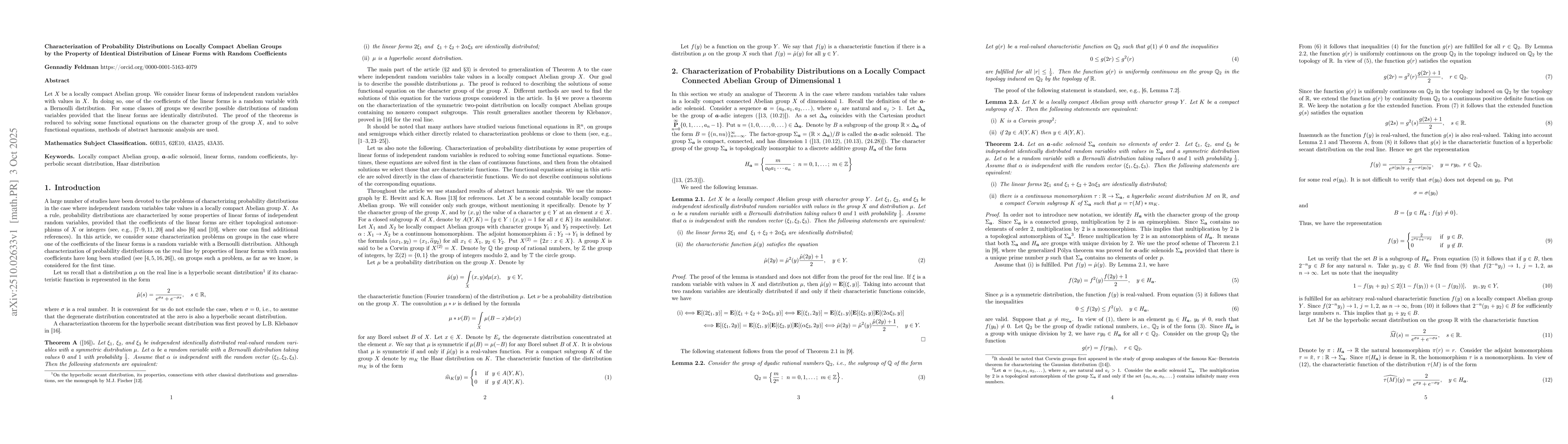 Thumbnail for Characterization of Probability Distributions on Locally Compact Abelian
  Groups by the Property of Identical Distribution of Linear Forms with Random
  Coefficients