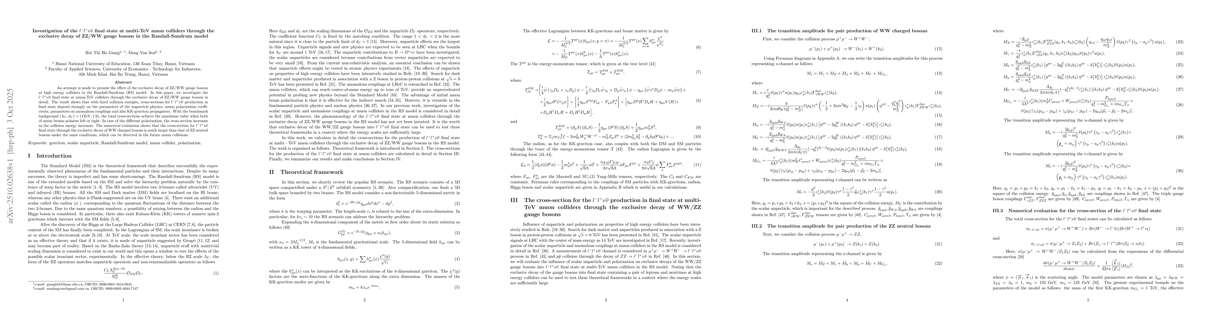 Thumbnail for Investigation of the $l^{-}l^{+}ν\overlineν$ final state at
  multi-TeV muon colliders through the exclusive decay of ZZ/WW gauge bosons in
  the Randall-Sundrum model