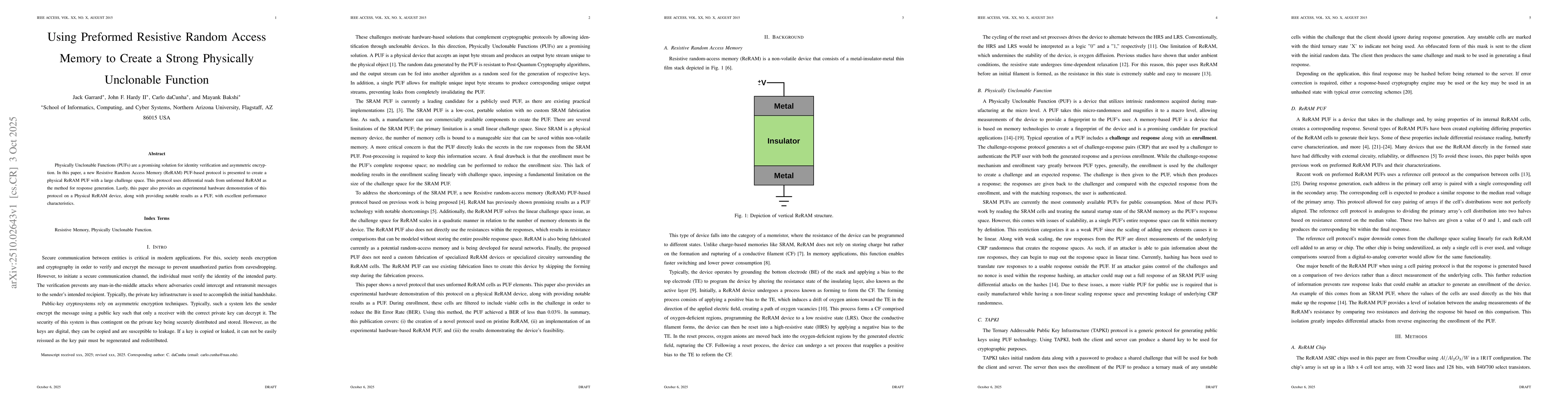 Thumbnail for Using Preformed Resistive Random Access Memory to Create a Strong
  Physically Unclonable Function