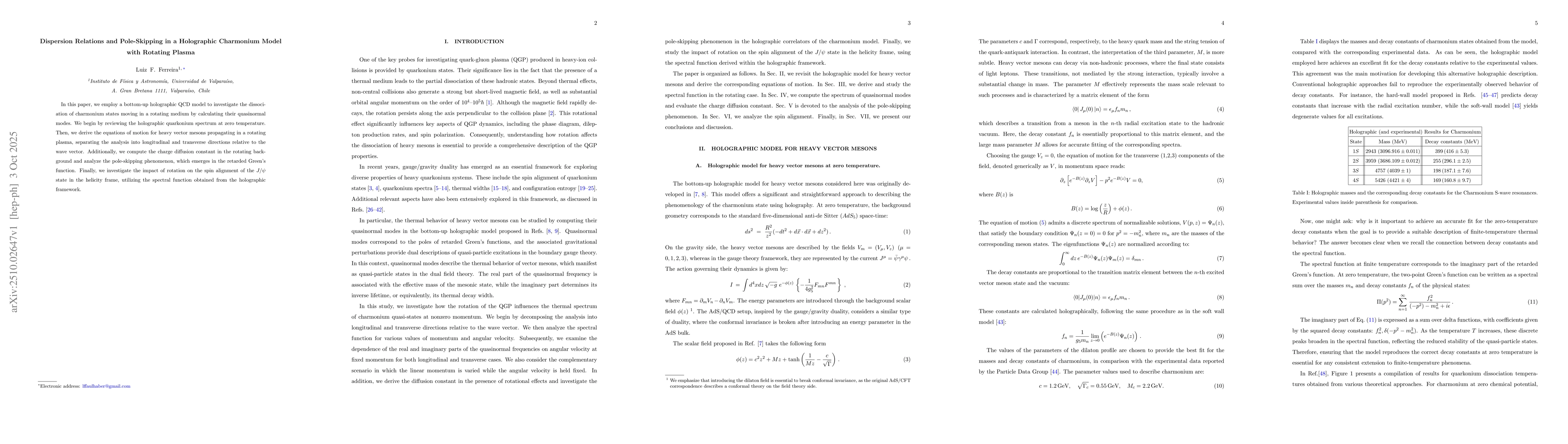 Thumbnail for Dispersion Relations and Pole-Skipping in a Holographic Charmonium Model
  with Rotating Plasma