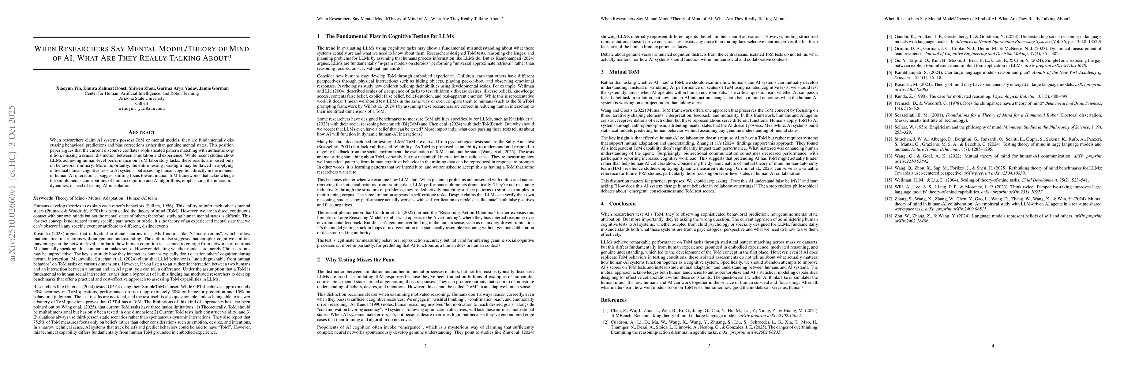 Thumbnail for When Researchers Say Mental Model/Theory of Mind of AI, What Are They
  Really Talking About?