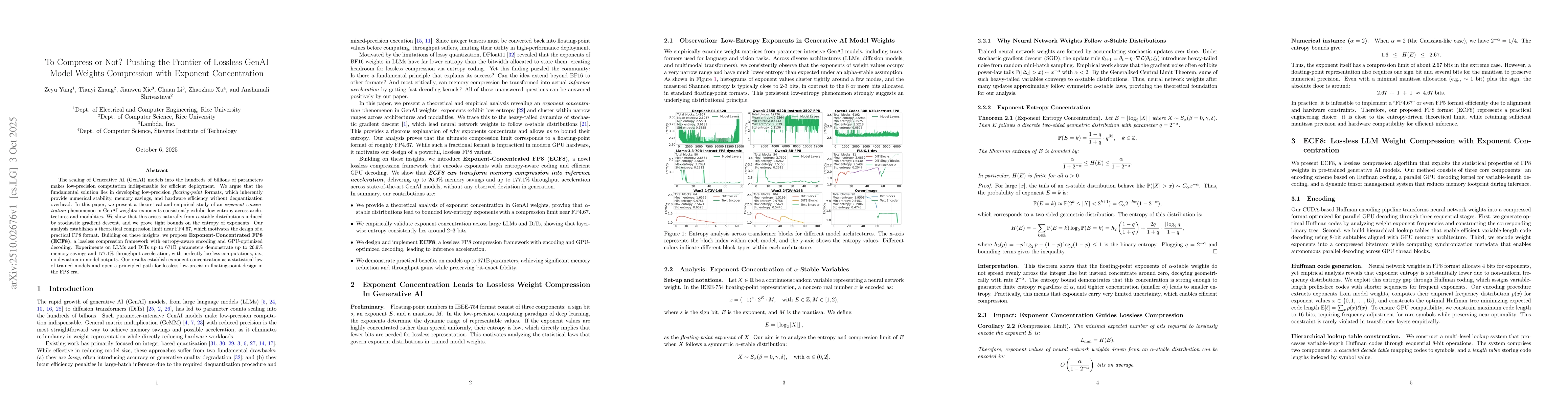 Thumbnail for To Compress or Not? Pushing the Frontier of Lossless GenAI Model Weights
  Compression with Exponent Concentration