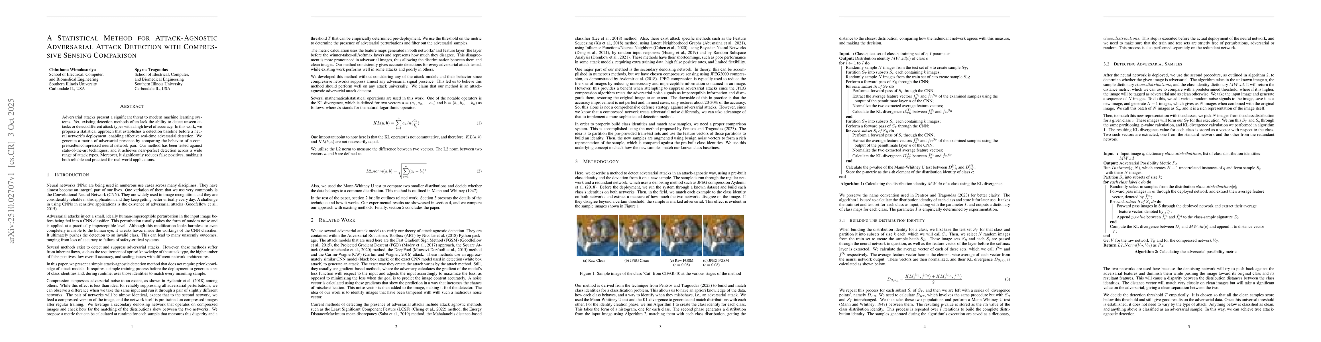 Thumbnail for A Statistical Method for Attack-Agnostic Adversarial Attack Detection
  with Compressive Sensing Comparison