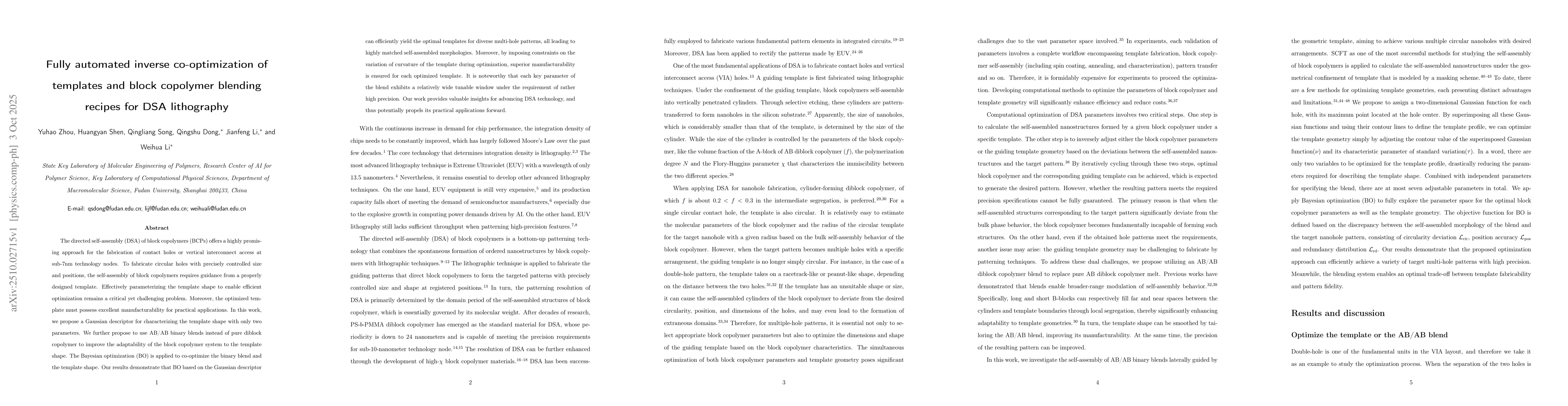 Thumbnail for Fully automated inverse co-optimization of templates and block copolymer
  blending recipes for DSA lithography