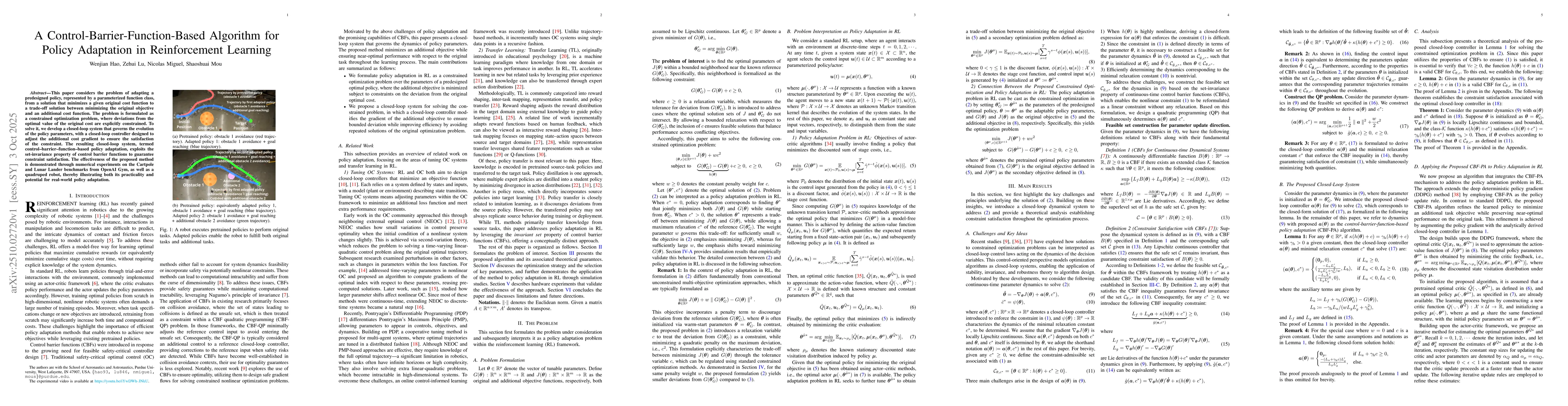Thumbnail for A Control-Barrier-Function-Based Algorithm for Policy Adaptation in
  Reinforcement Learning