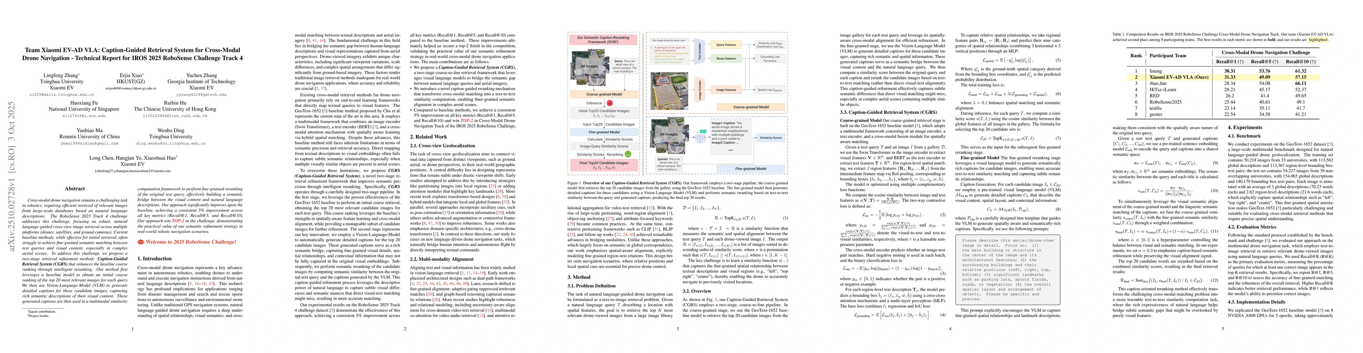 Thumbnail for Team Xiaomi EV-AD VLA: Caption-Guided Retrieval System for Cross-Modal
  Drone Navigation -- Technical Report for IROS 2025 RoboSense Challenge Track
  4