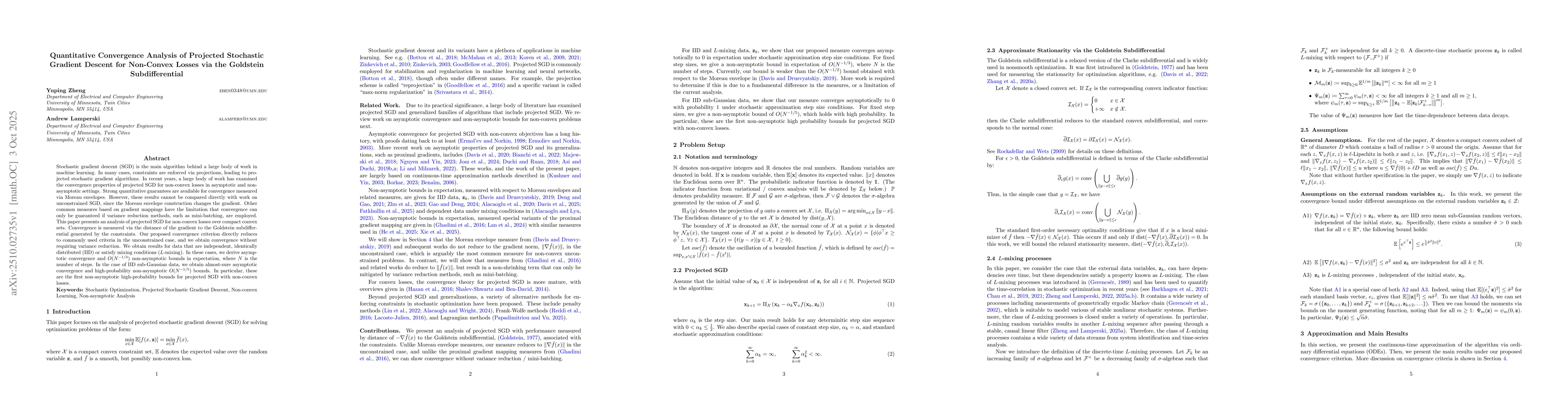 Thumbnail for Quantitative Convergence Analysis of Projected Stochastic Gradient
  Descent for Non-Convex Losses via the Goldstein Subdifferential