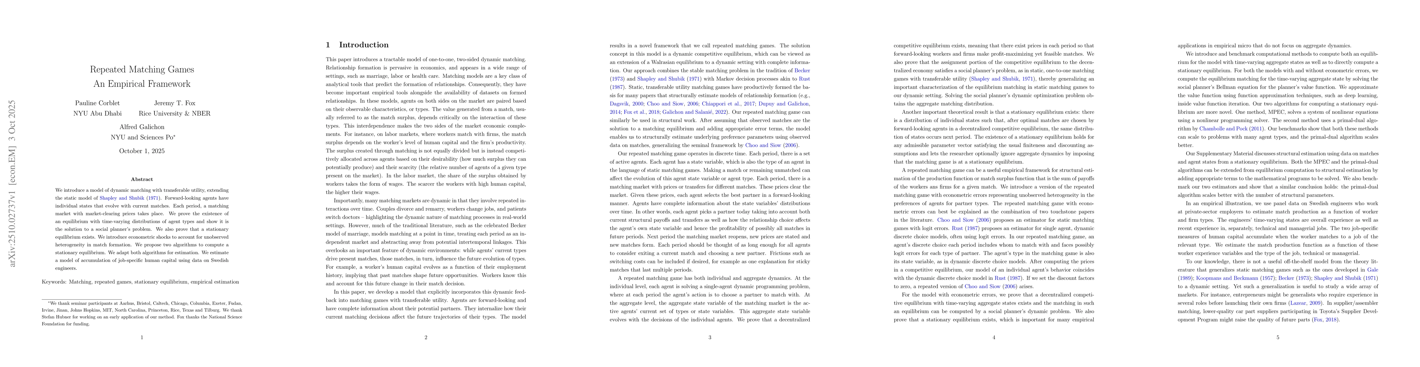 Thumbnail for Repeated Matching Games: An Empirical Framework