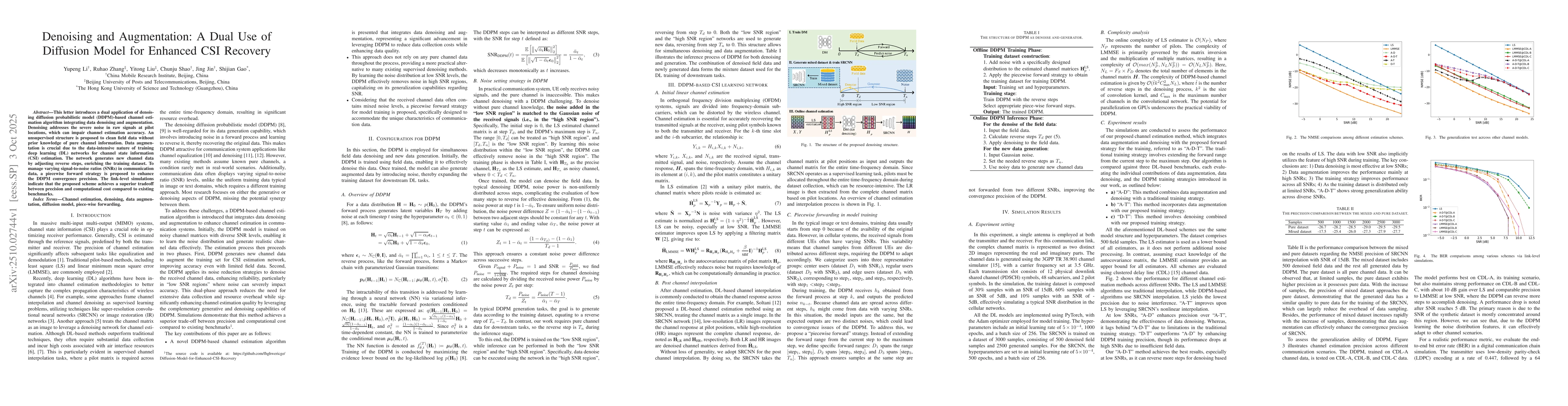 Thumbnail for Denoising and Augmentation: A Dual Use of Diffusion Model for Enhanced
  CSI Recovery