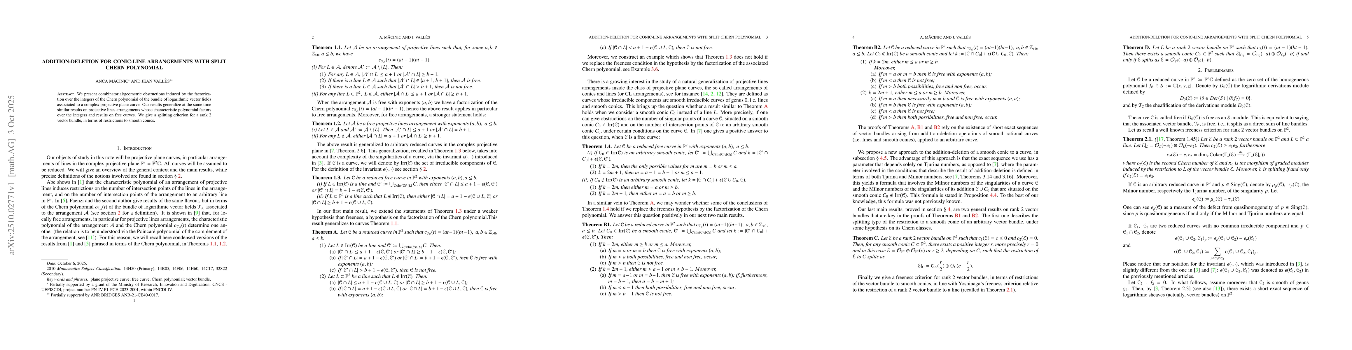 Thumbnail for Addition-deletion for conic-line arrangements with split Chern
  polynomial