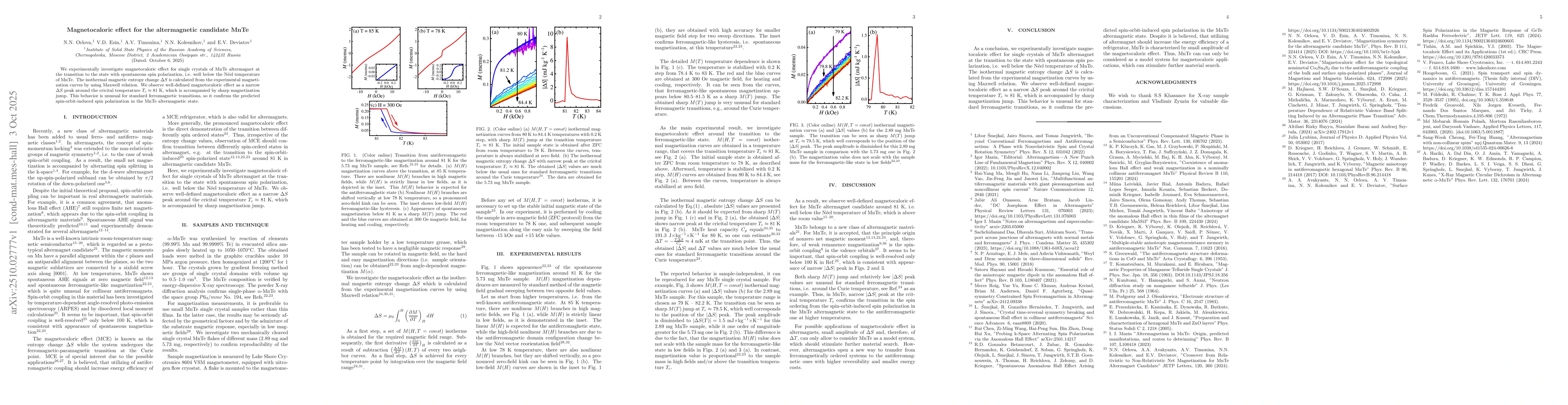 Thumbnail for Magnetocaloric effect for the altermagnetic candidate MnTe