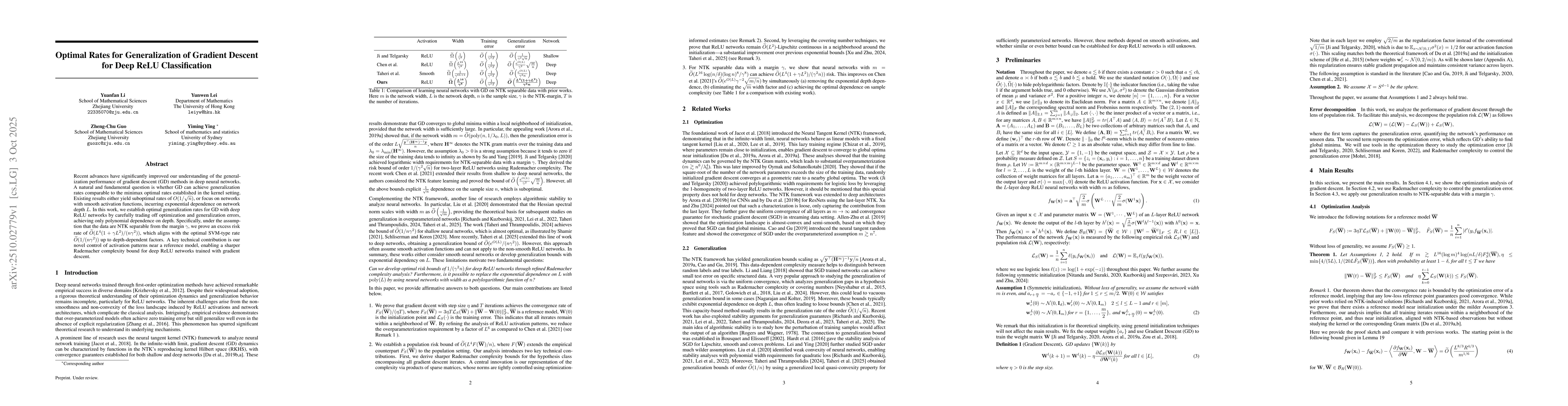 Thumbnail for Optimal Rates for Generalization of Gradient Descent for Deep ReLU
  Classification