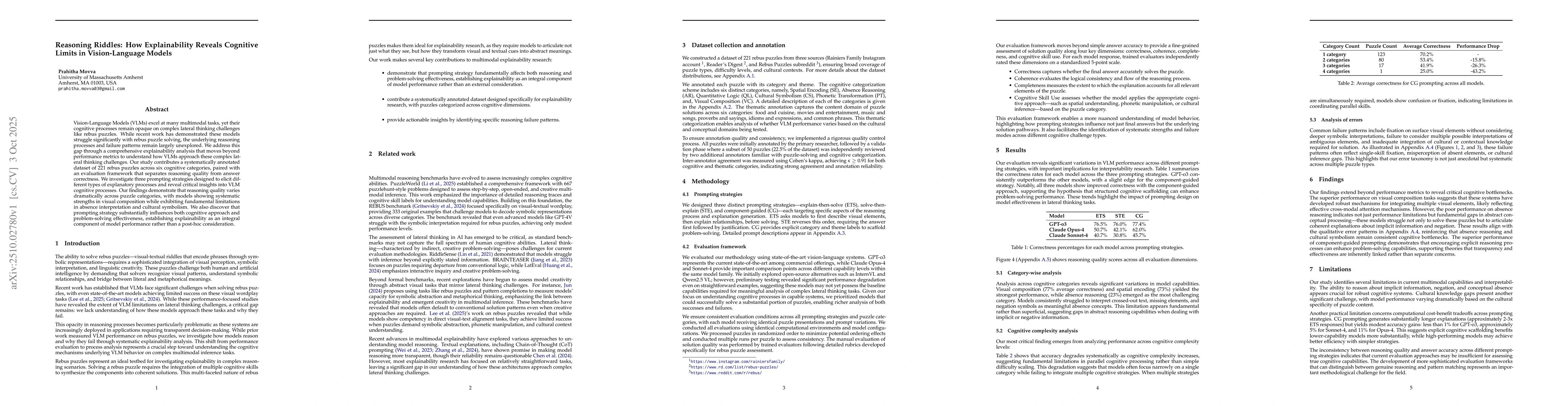Thumbnail for Reasoning Riddles: How Explainability Reveals Cognitive Limits in
  Vision-Language Models