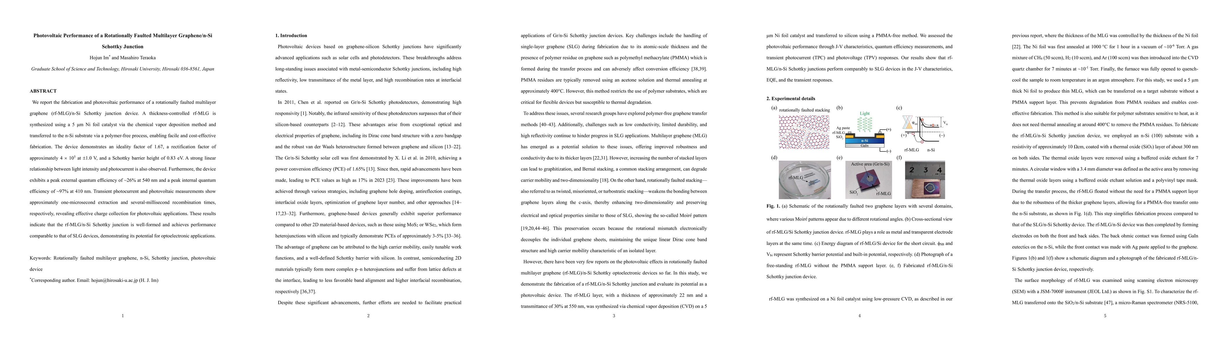 Thumbnail for Photovoltaic Performance of a Rotationally Faulted Multilayer
  Graphene/n-Si Schottky Junction