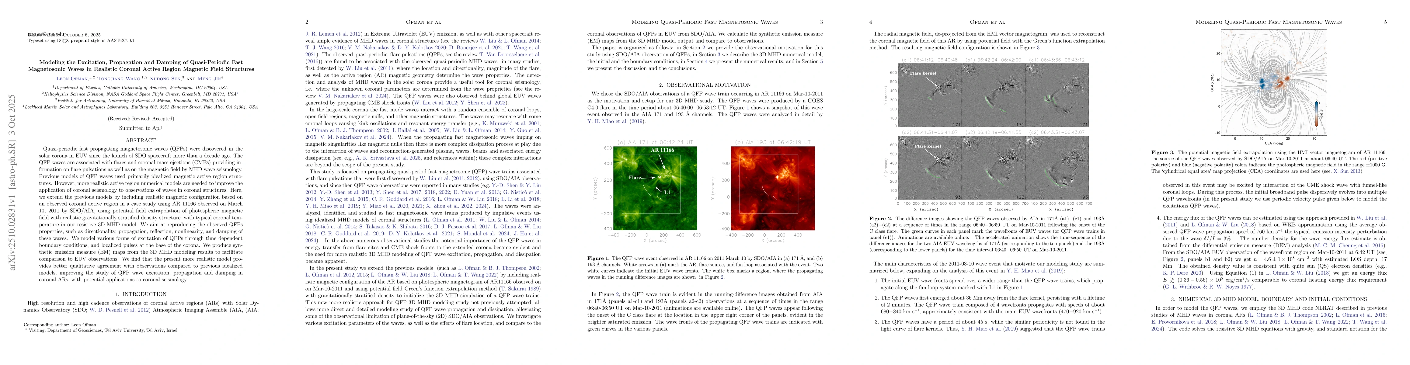 Thumbnail for Modeling the Excitation, Propagation and Damping of Quasi-Periodic Fast
  Magnetosonic Waves in Realistic Coronal Active Region Magnetic Field
  Structures