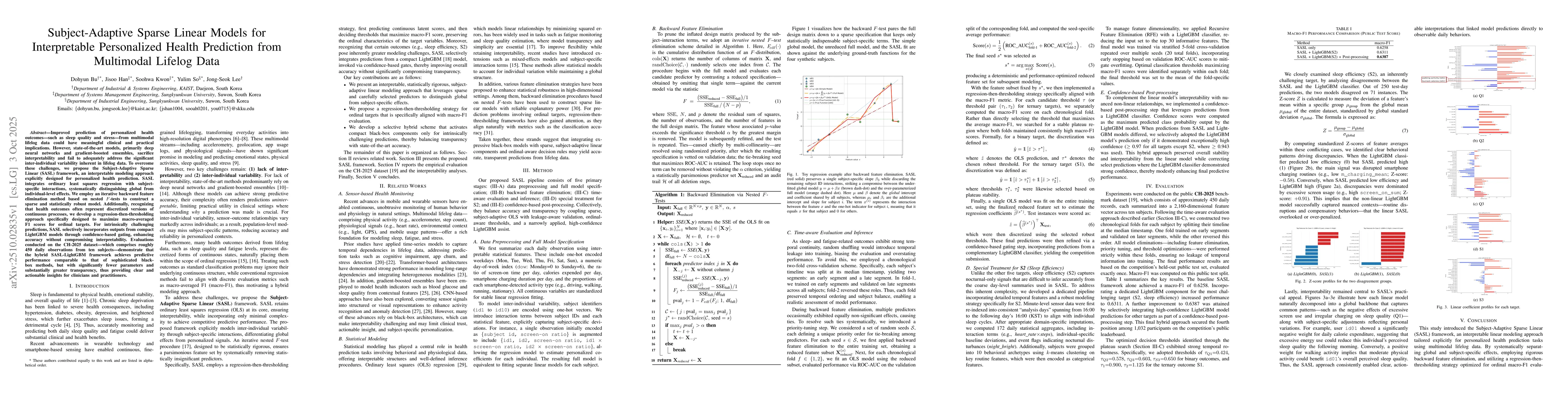 Thumbnail for Subject-Adaptive Sparse Linear Models for Interpretable Personalized
  Health Prediction from Multimodal Lifelog Data