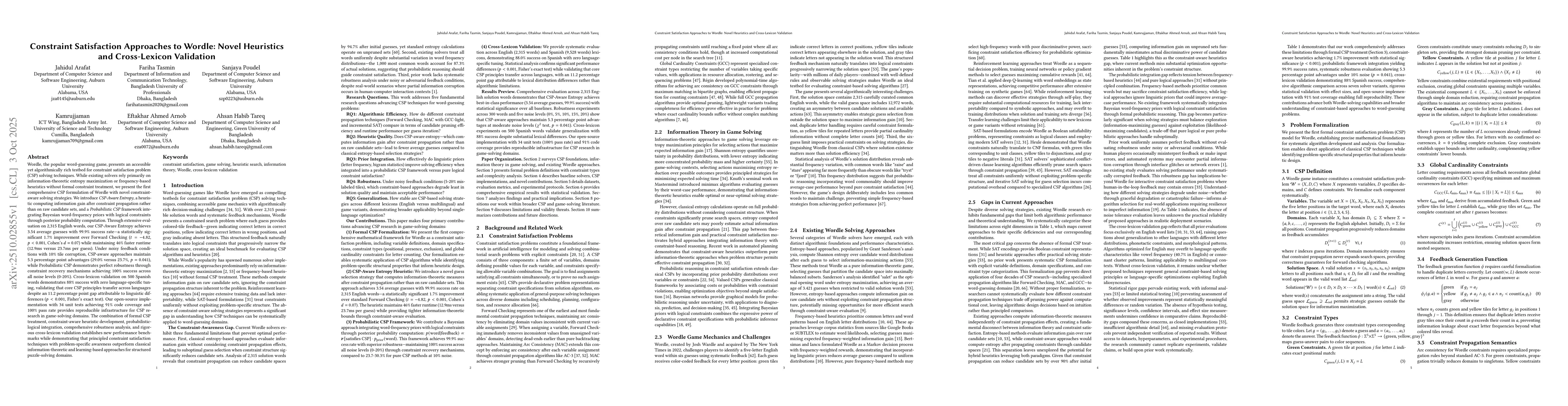 Thumbnail for Constraint Satisfaction Approaches to Wordle: Novel Heuristics and
  Cross-Lexicon Validation