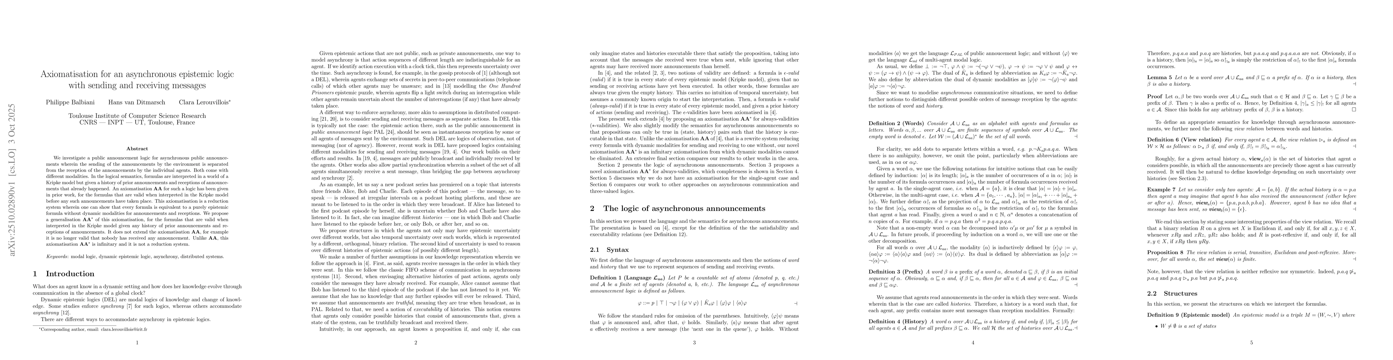 Thumbnail for Axiomatisation for an asynchronous epistemic logic with sending and
  receiving messages