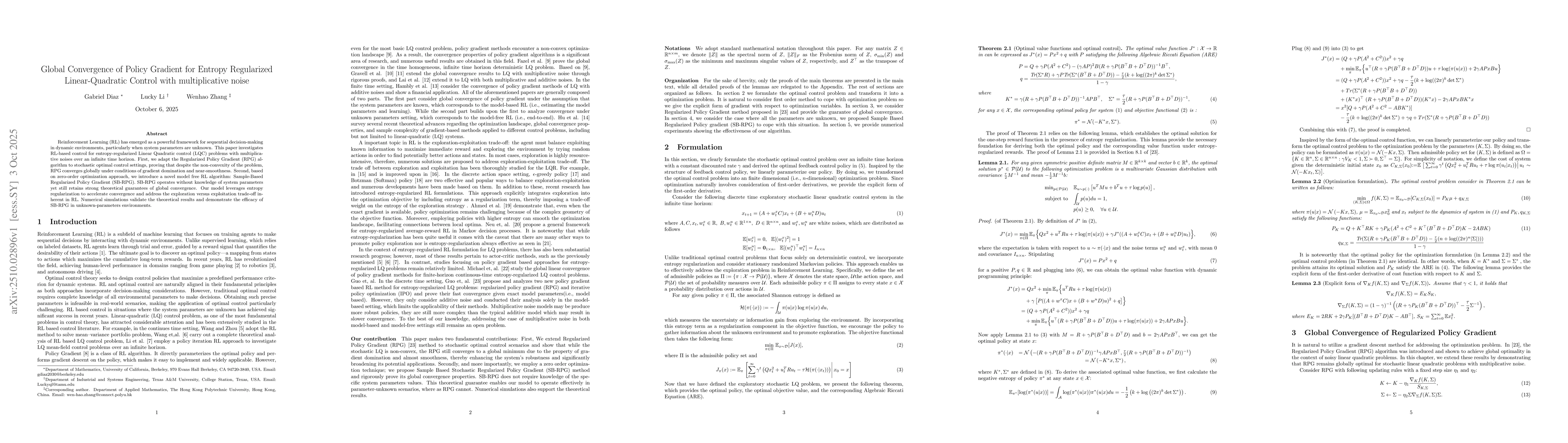 Thumbnail for Global Convergence of Policy Gradient for Entropy Regularized
  Linear-Quadratic Control with multiplicative noise