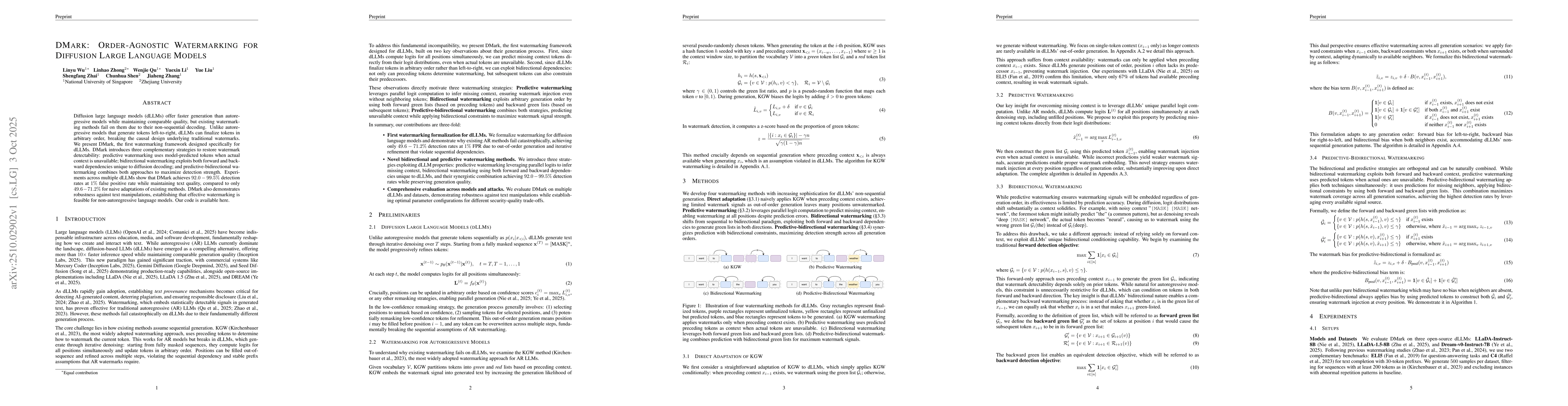 Thumbnail for DMark: Order-Agnostic Watermarking for Diffusion Large Language Models