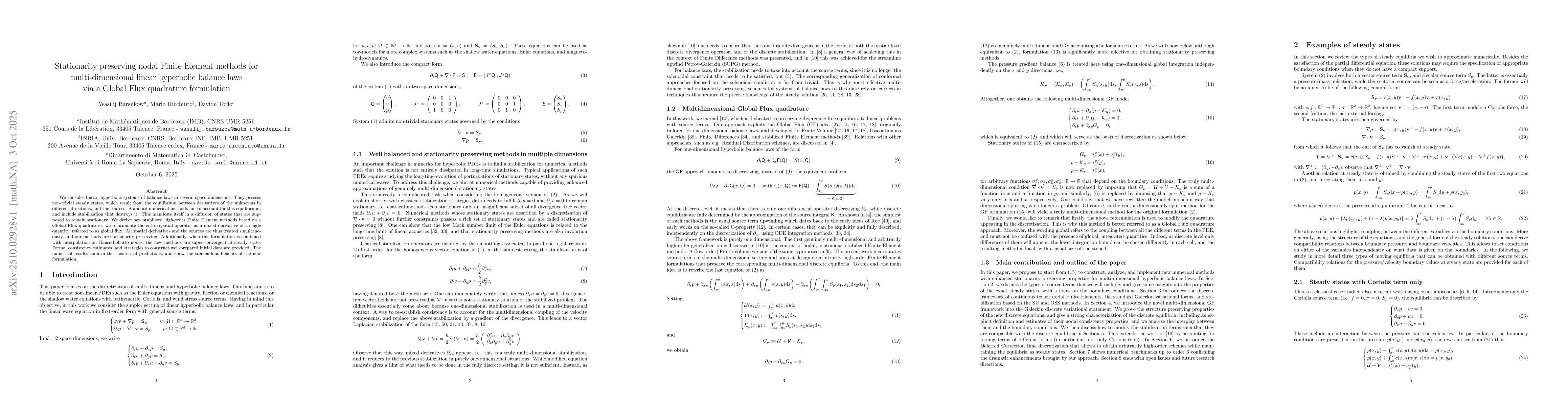 Thumbnail for Stationarity preserving nodal Finite Element methods for
  multi-dimensional linear hyperbolic balance laws via a Global Flux quadrature
  formulation